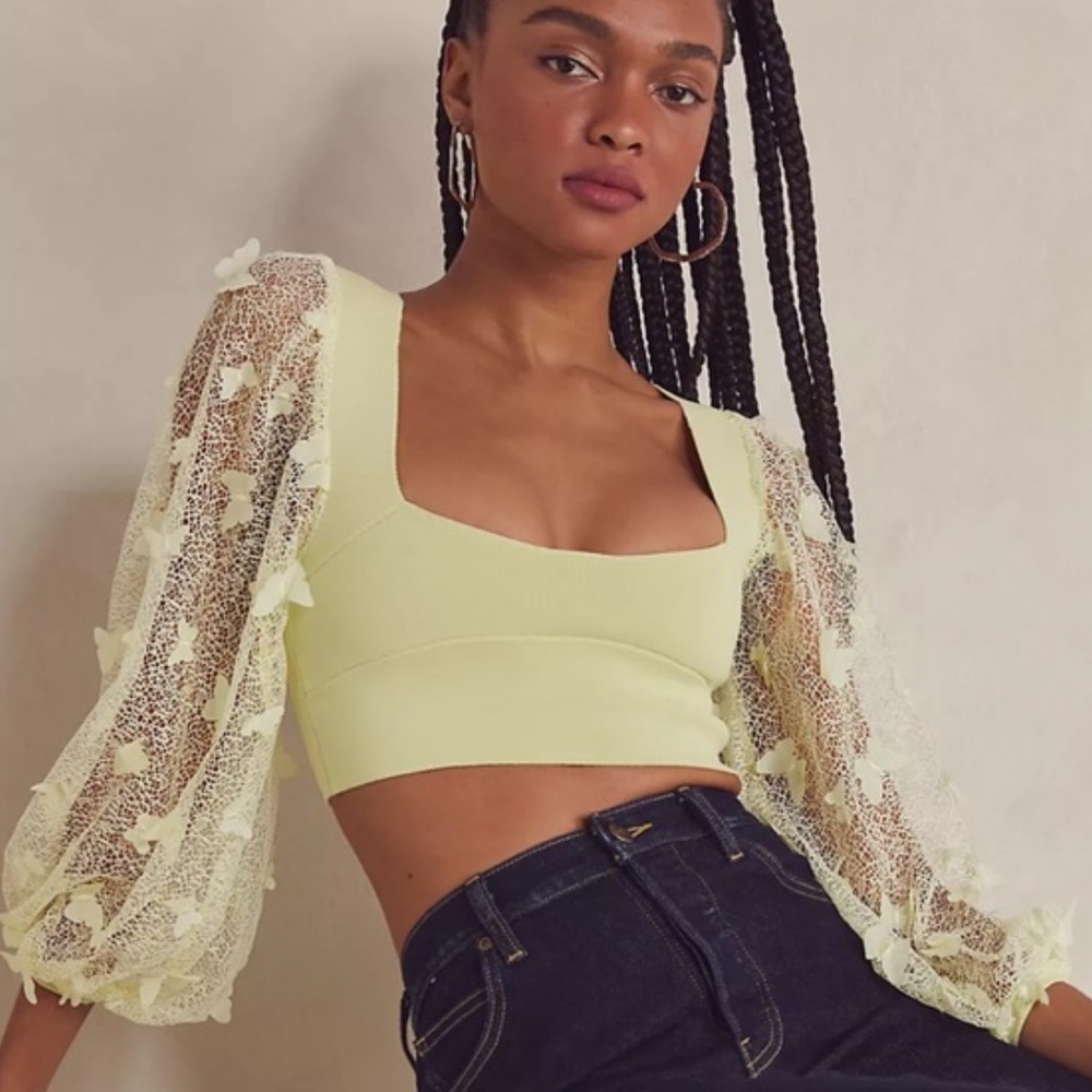 Free People Light Yellow Lace Sleeve Blouse